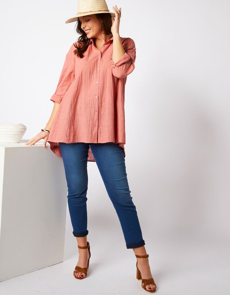 Chemise longue coupe trapèze effet lin (corail) Chemise longue coupe trapèze effet lin (corail)