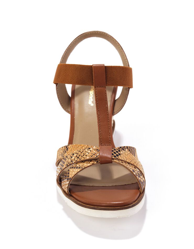 Salomés compensées en cuir effet python, talon fantaisie  (caramel)