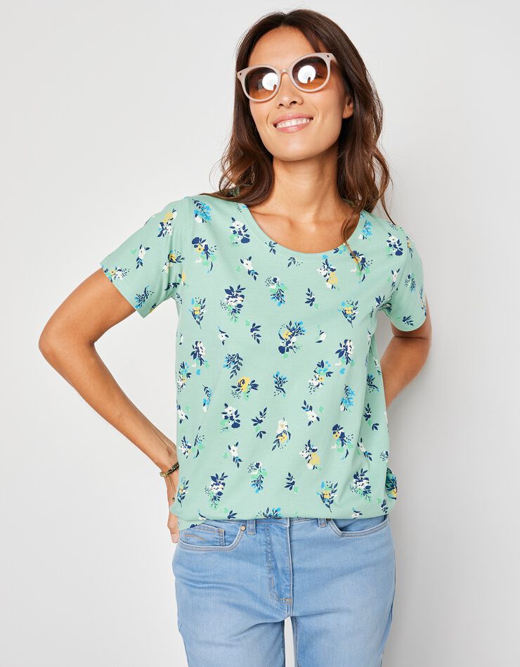 Tee-shirt col rond imprimé fleuri coton (vert d'eau) Tee-shirt col rond imprimé fleuri coton (vert d'eau)