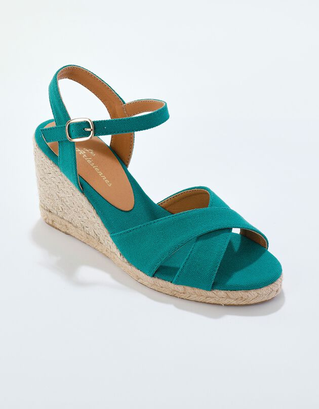 Sandales compensées semelle corde, brides croisées (vert)