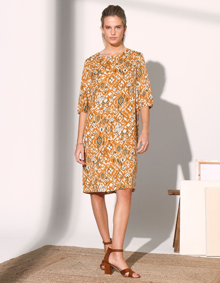 Robe housse imprimée manches coudes, crêpe (safran)