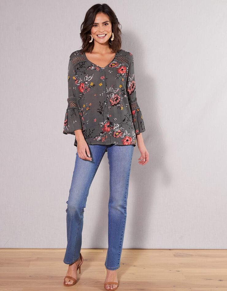Blouse imprimée détails macramé (kaki / corail) Blouse imprimée détails macramé (kaki / corail)