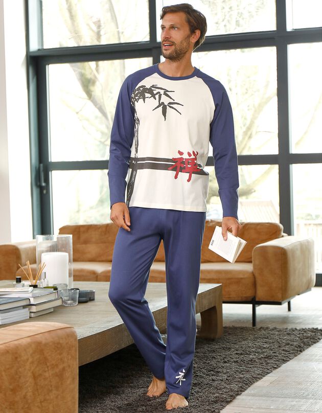 Pyjama pantalon motif bambou manches longues (écru / indigo)