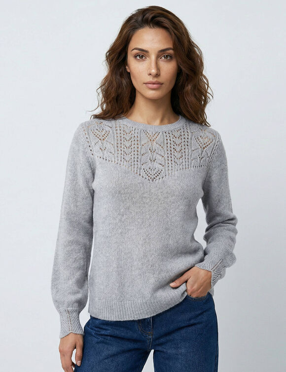 Pull col rond maille ajour&eacute;e, toucher doux (gris chin&eacute;)