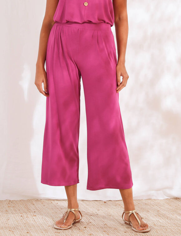 Pantalon large 7/8&egrave;me, taille &eacute;lastiqu&eacute;e, maille unie (violine)