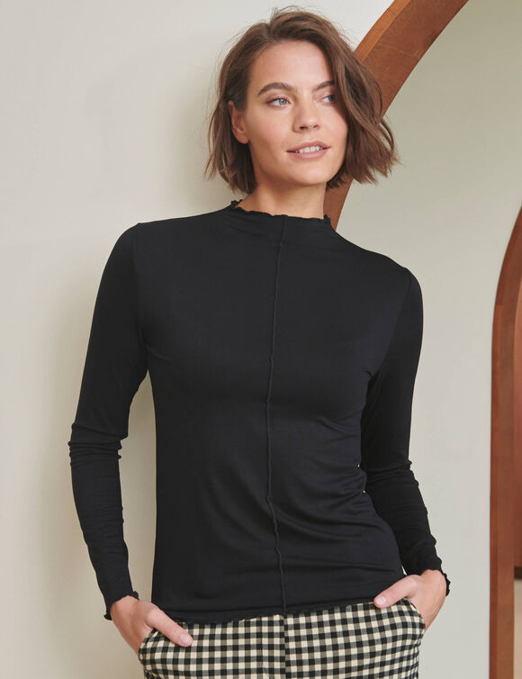 T-shirt col montant, manches longues, finition frisottis (noir)