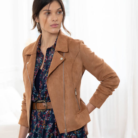 Blouson zipp&eacute; col tailleur pressionn&eacute;, su&eacute;dine (caramel)
