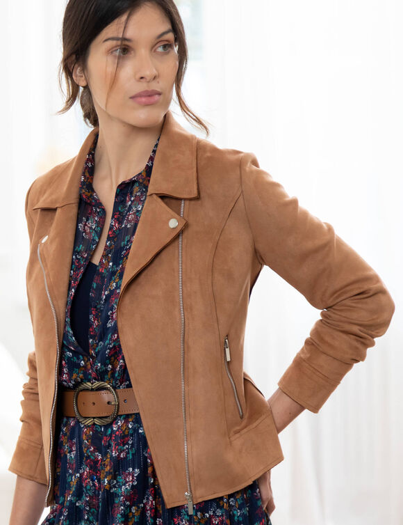 Blouson zippé col tailleur pressionné, suédine (caramel)