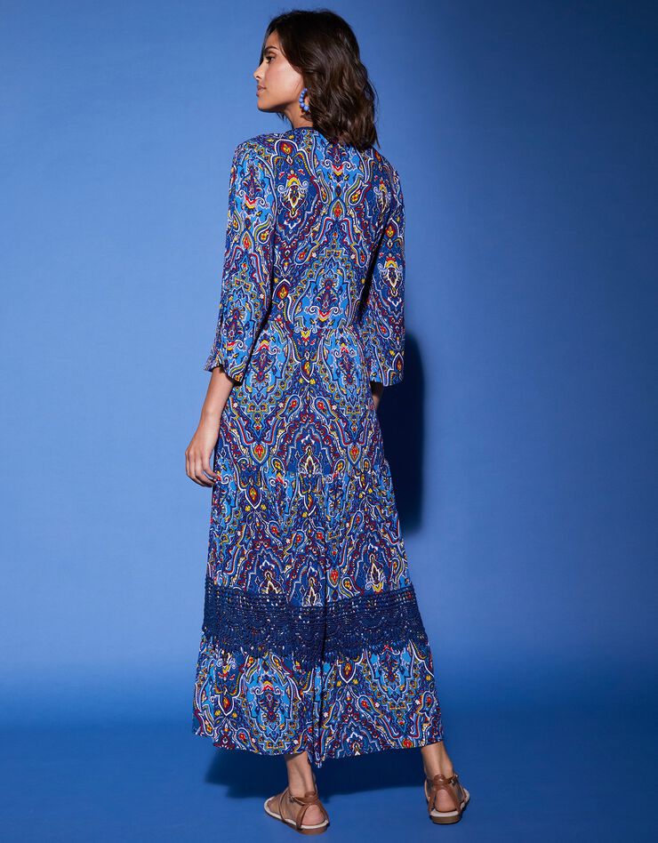 Robe longue imprimée manches 3/4 fendues (bleu) Robe longue imprimée manches 3/4 fendues (bleu)