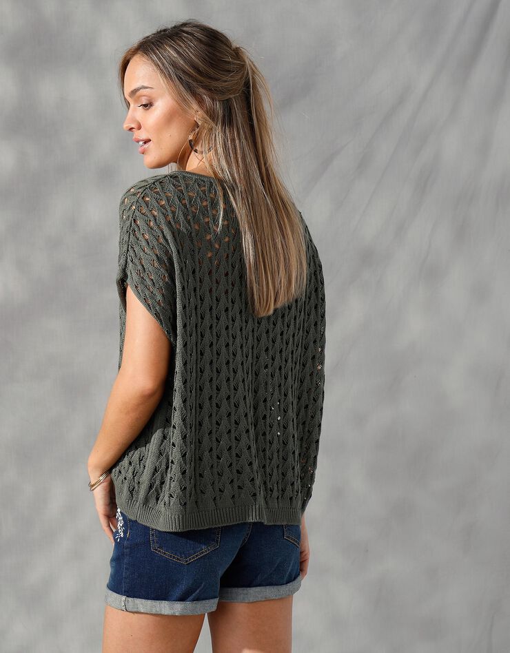 Pull col V coupe "loose" maille ajourée (kaki)