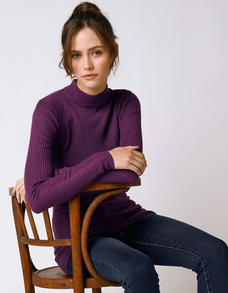 Pull col montant long, maille côtelée (violet) Pull col montant long, maille côtelée (violet)