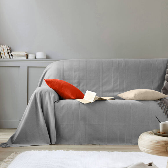   Plaid ou jet&eacute; uni coton tissage artisanal (gris perle)