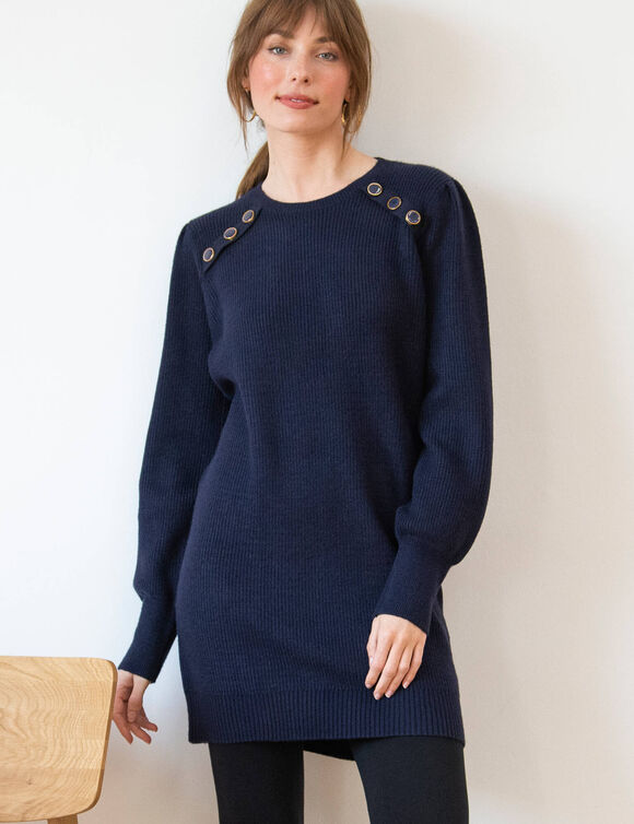 Pull tunique boutons fantaisie toucher doux (bleu encre)