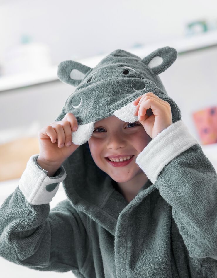 Peignoir de bain enfant hippopotame éponge coton - 340g/m² (ardoise)
