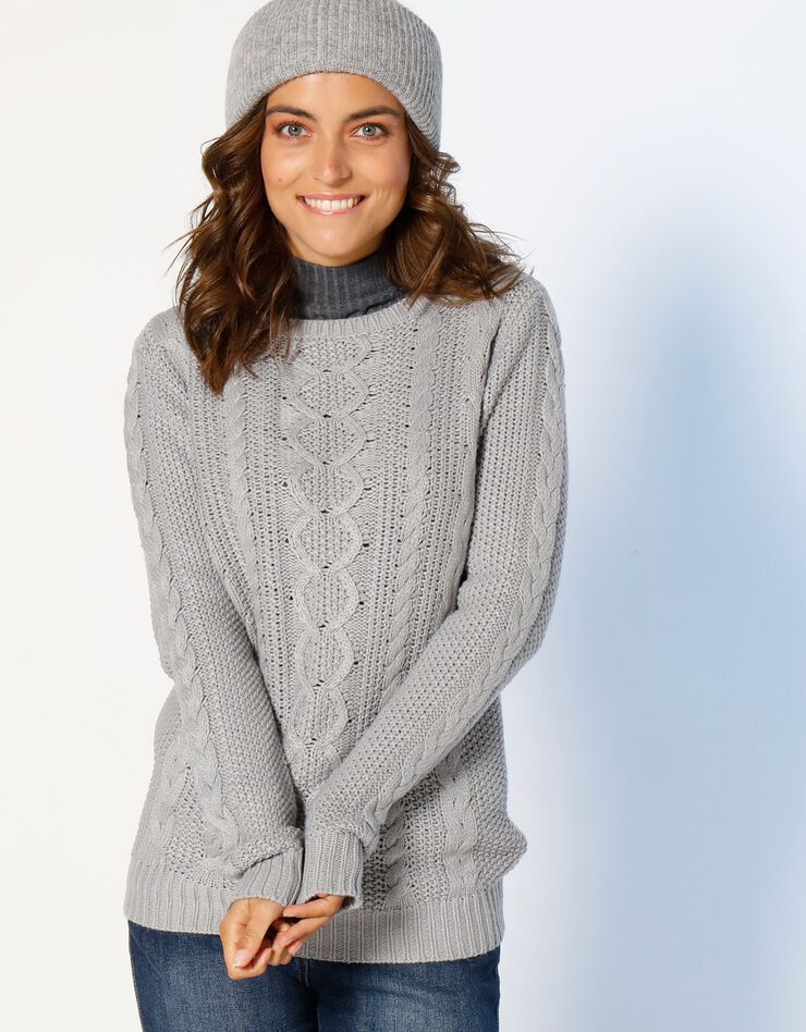 Pull col rond, maille torsadée (gris) Pull col rond, maille torsadée (gris)