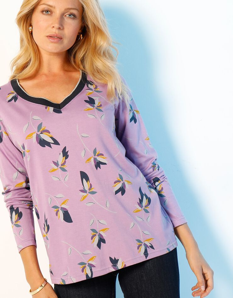 Tee-shirt col V biais doré imprimé fleurs (violine / marine) Tee-shirt col V biais doré imprimé fleurs (violine / marine)