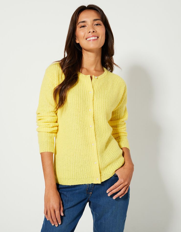 Cardigan boutons façon perles, maille anglaise (jaune) Cardigan boutons façon perles, maille anglaise (jaune)