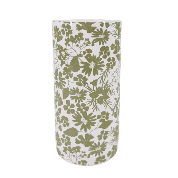 Vase céramique imprimé floral - hauteur 19,5 cm (blanc / vert)