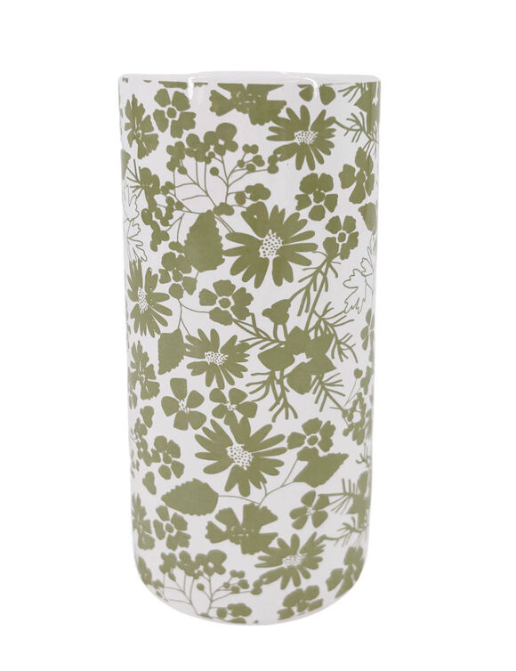 Vase céramique imprimé floral - hauteur 19,5 cm (blanc / vert)