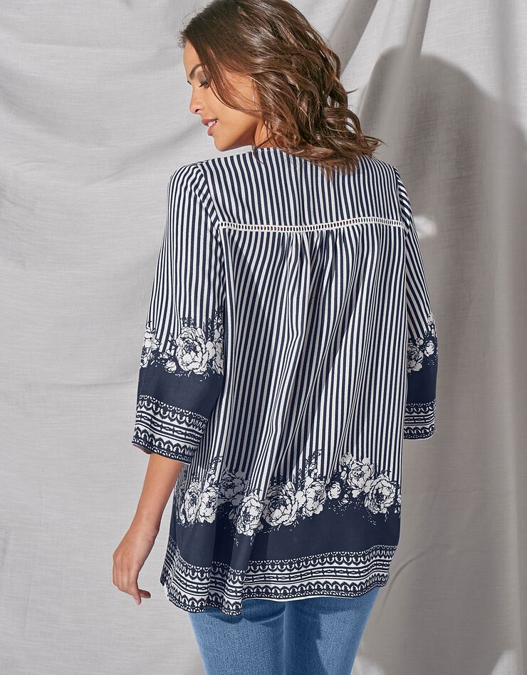 Blouse ample imprimée manches 3/4 pagodes (indigo / écru) Blouse ample imprimée manches 3/4 pagodes (indigo / écru)