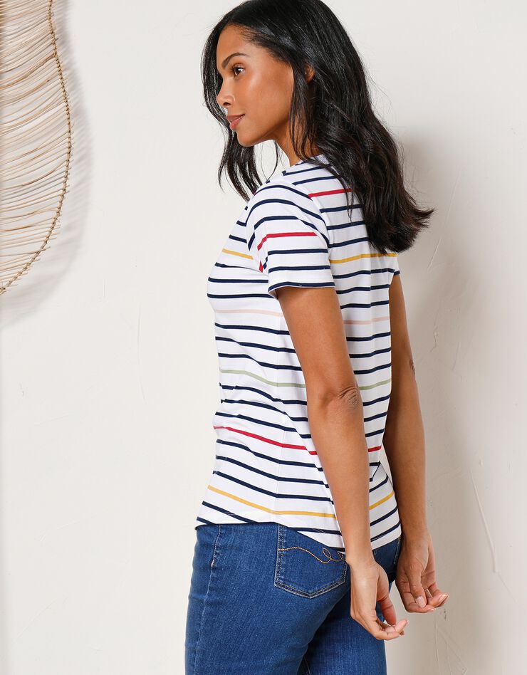Tee-shirt col V rayé multicolore (blanc / multicolore) Tee-shirt col V rayé multicolore (blanc / multicolore)