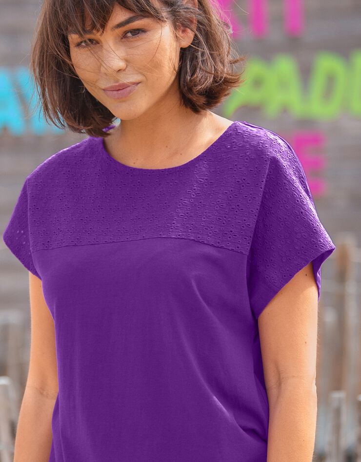 Tee-shirt broderie anglaise manches courtes (violet) Tee-shirt broderie anglaise manches courtes (violet)