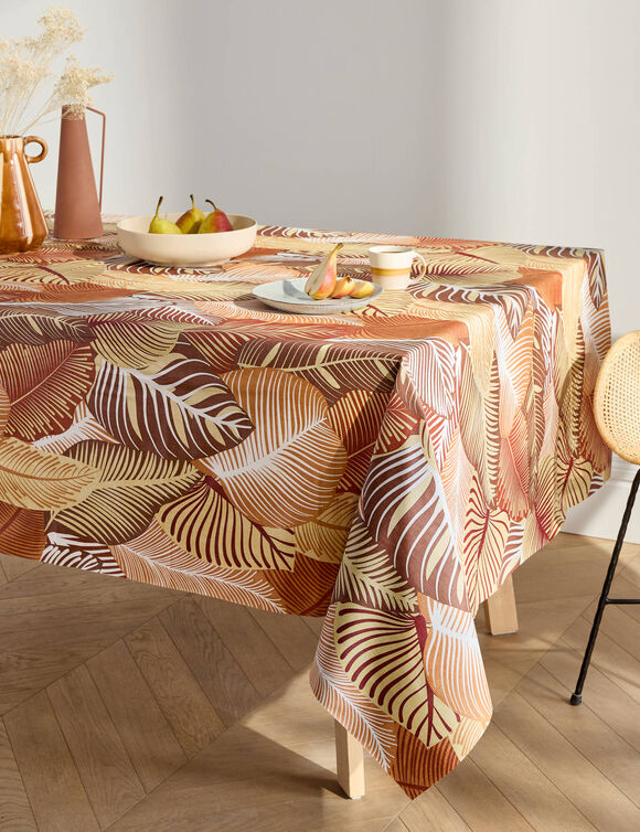 Nappe toile cir&eacute;e imprim&eacute; grandes feuilles (terracotta)