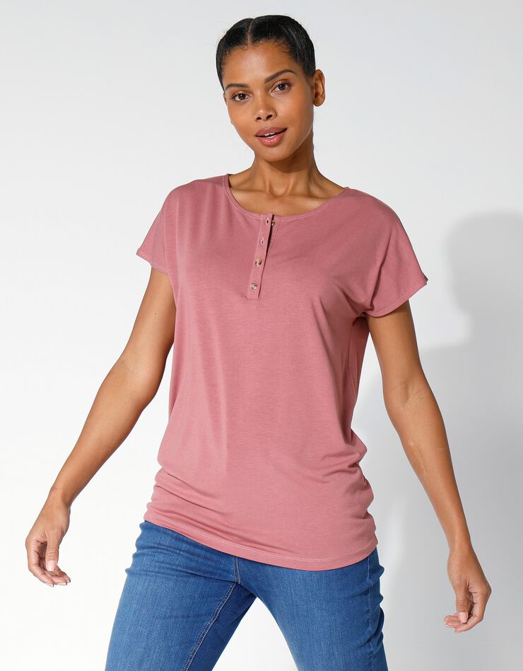 Tee-shirt col tunisien uni, maille fluide (bois de rose) Tee-shirt col tunisien uni, maille fluide (bois de rose)