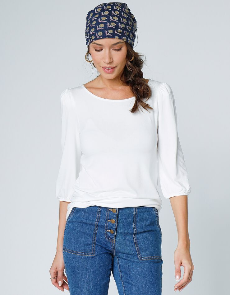 Tee-shirt uni manches coude, fronces épaules (écru) Tee-shirt uni manches coude, fronces épaules (écru)