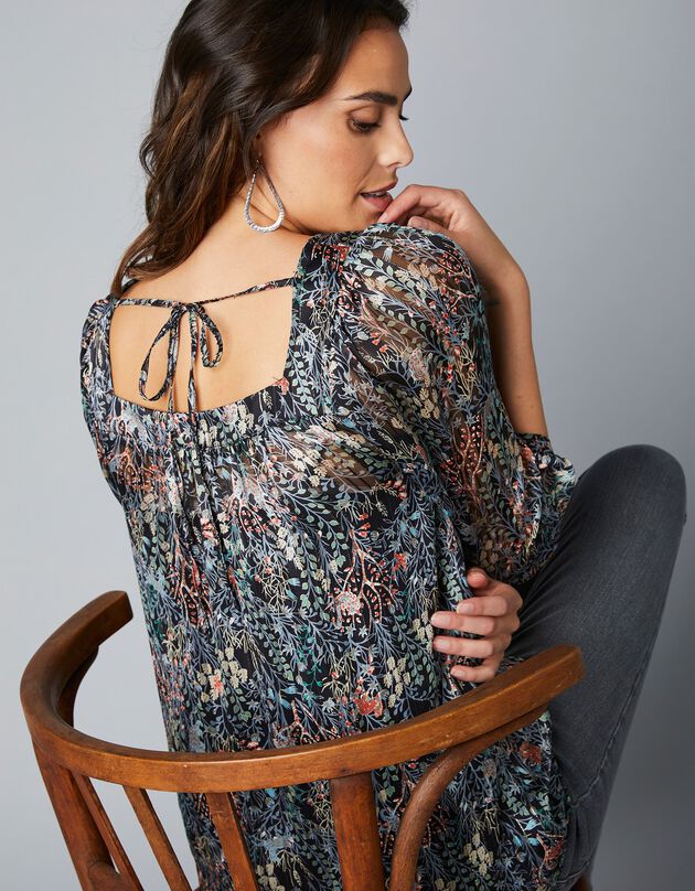 Blouse imprimée fluide col carré, manches 3/4 (noir)