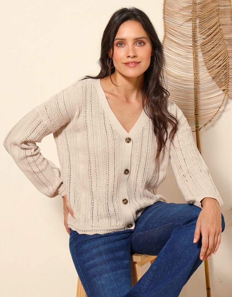 Gilet boutonné col V, maille ajourée fantaisie (ficelle) Gilet boutonné col V, maille ajourée fantaisie (ficelle)