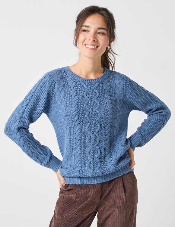 Pull col rond, maille torsadée (bleu jean)