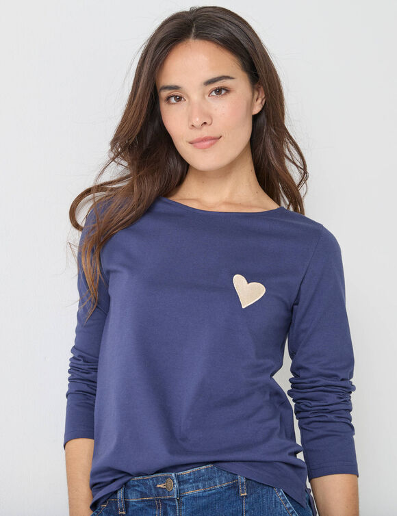 T-shirt marini&egrave;re manches longues, brod&eacute; "c&oelig;ur" uni ou imprim&eacute; l&eacute;opard (marine)