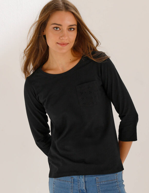 T-shirt col rond manches 3/4, broderie anglaise  (noir)