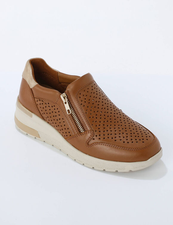 Baskets zipp&eacute;es compens&eacute;es en cuir (caramel)