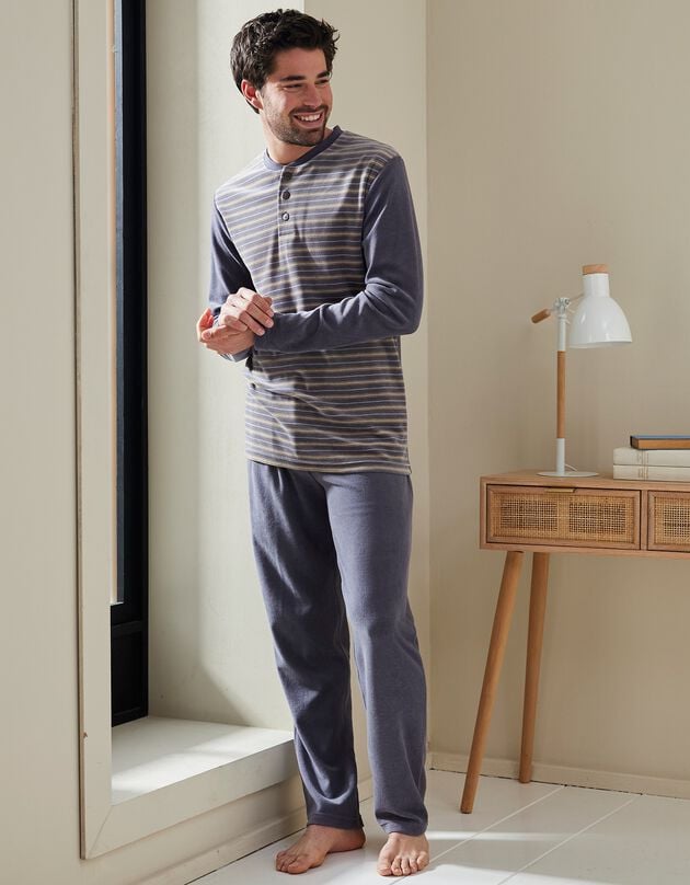 Pyjama pantalon rayé velours manches longues (anthracite)