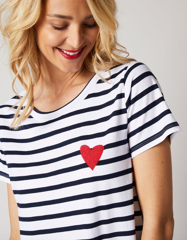 T-shirt rayé broderie "coeur", fils tissés-teints (blanc / bleu)