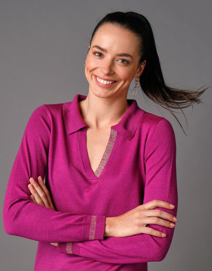 Pull col polo détails brillants, toucher cachemire (violine) Pull col polo détails brillants, toucher cachemire (violine)