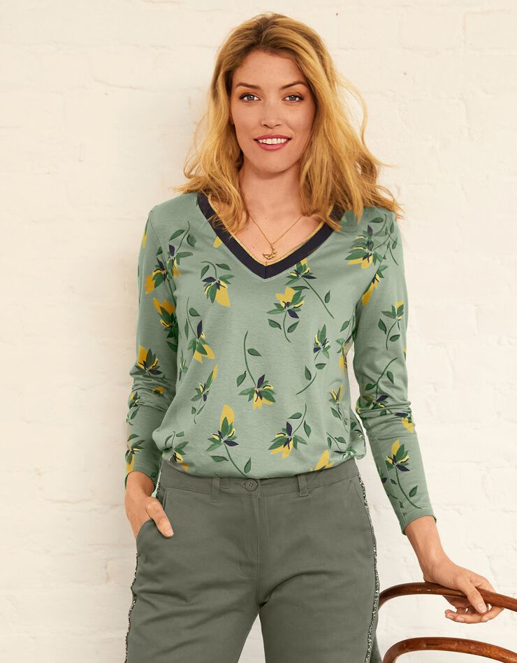 Tee-shirt col V biais doré imprimé fleurs (kaki clair / safran) Tee-shirt col V biais doré imprimé fleurs (kaki clair / safran)