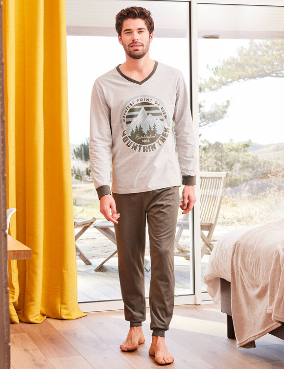 Pyjama pantalon jersey, col V contrast&eacute; (kaki / gris chin&eacute;)