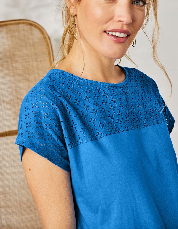 Tee-shirt broderie anglaise manches courtes (bleu) Tee-shirt broderie anglaise manches courtes (bleu)