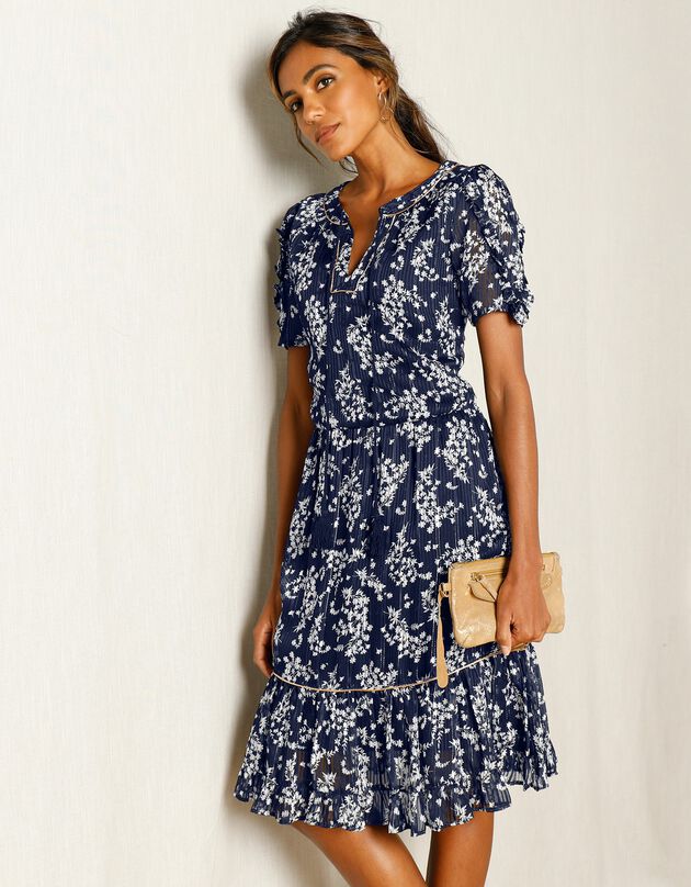 Robe imprimé floral, voile jacquard (marine / blanc)