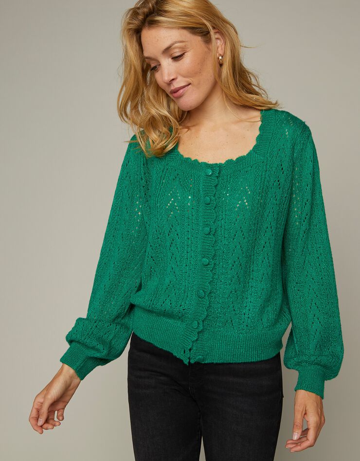 Cardigan boutonné col carré, maille ajourée toucher mohair (vert) Cardigan boutonné col carré, maille ajourée toucher mohair (vert)