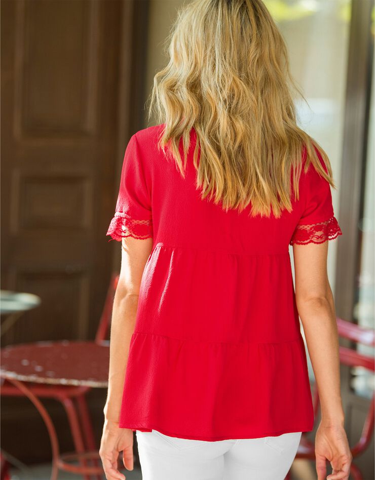Blouse boutonnée volantée unie (rouge) Blouse boutonnée volantée unie (rouge)