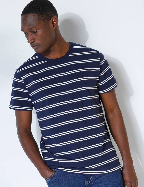 T-shirt ray&eacute; col rond manches courtes - coton biologique(**) (marine / blanc cass&eacute;)