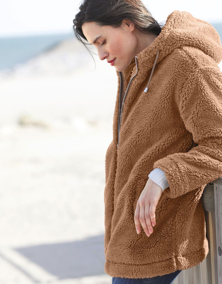 Manteau bouclette à capuche zippé (caramel) Manteau bouclette à capuche zippé (caramel)