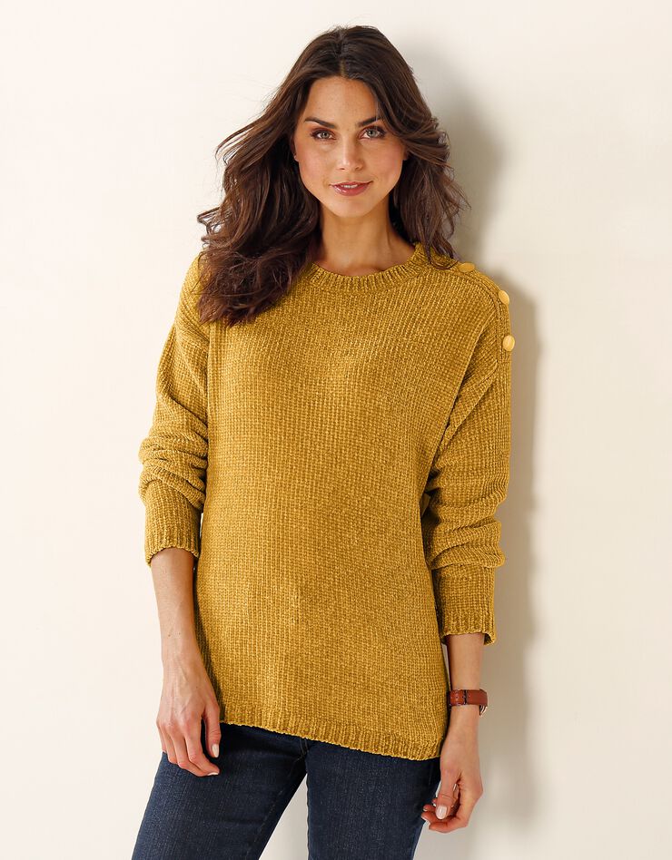 Pull épaule boutonnée, maille chenille (miel) Pull épaule boutonnée, maille chenille (miel)