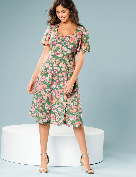Robe midi imprimée, Spécial Petites (kaki / rose)