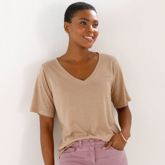 T-shirt col V en lin m&eacute;lang&eacute;, manches courtes (sable)