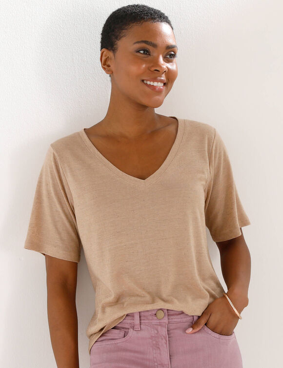 T-shirt col V en lin m&eacute;lang&eacute;, manches courtes (sable)